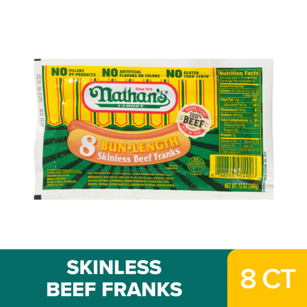 Nathan's Skinless All Beef Hot Dogs, Bun Length, 12 oz